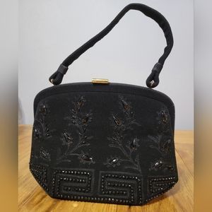 Souré Bag New York Vintage Beaded Black Flowers Purse MCM New Years Eve